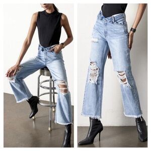 Insane gene fold over Distressed straight/wide raw hem Jeans 3/25 fits 4/27